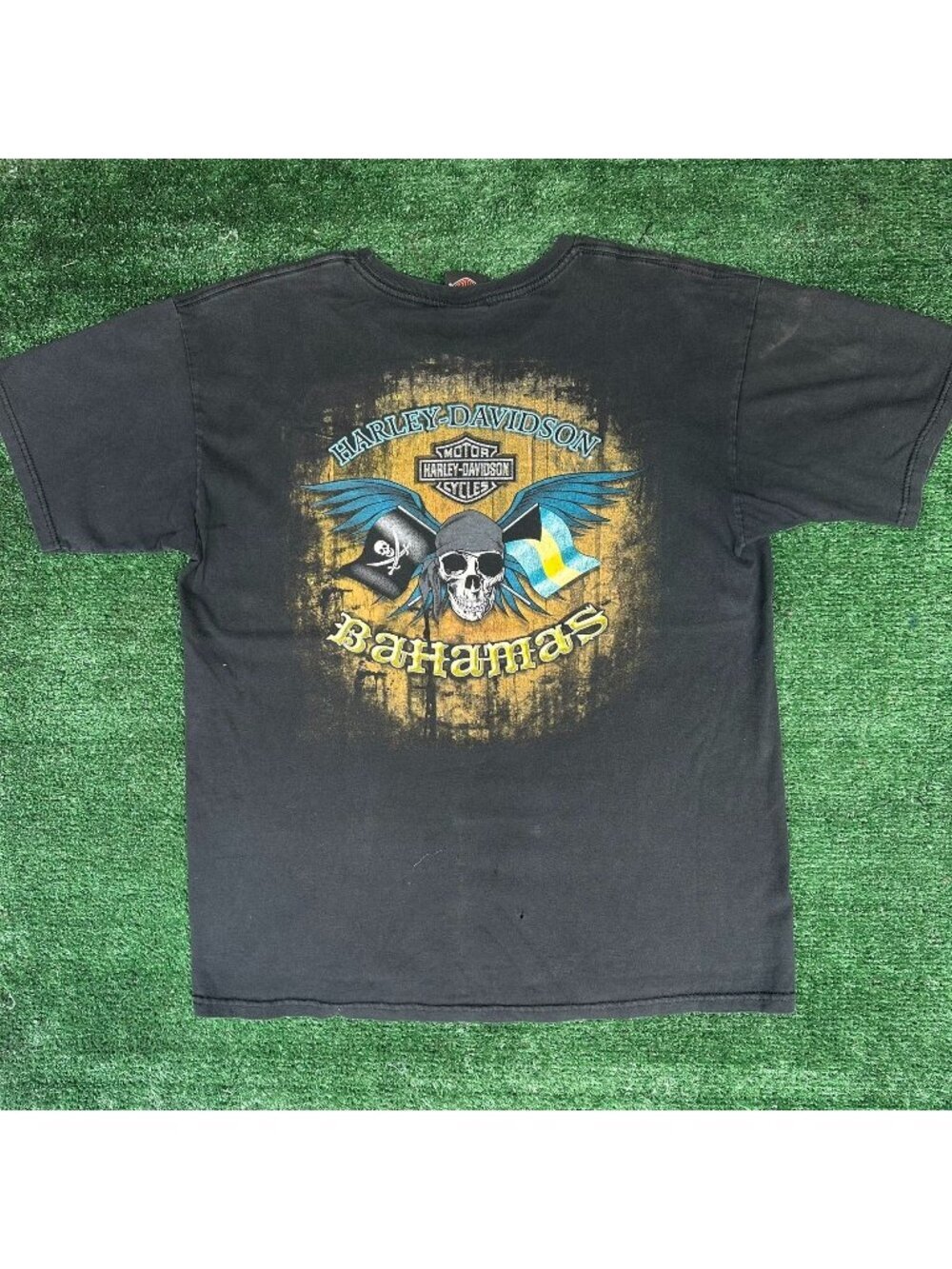 Vintage Y2K Harley Davidson Bahamas Pirate Skull T-Shirt Black L Tropical Biker